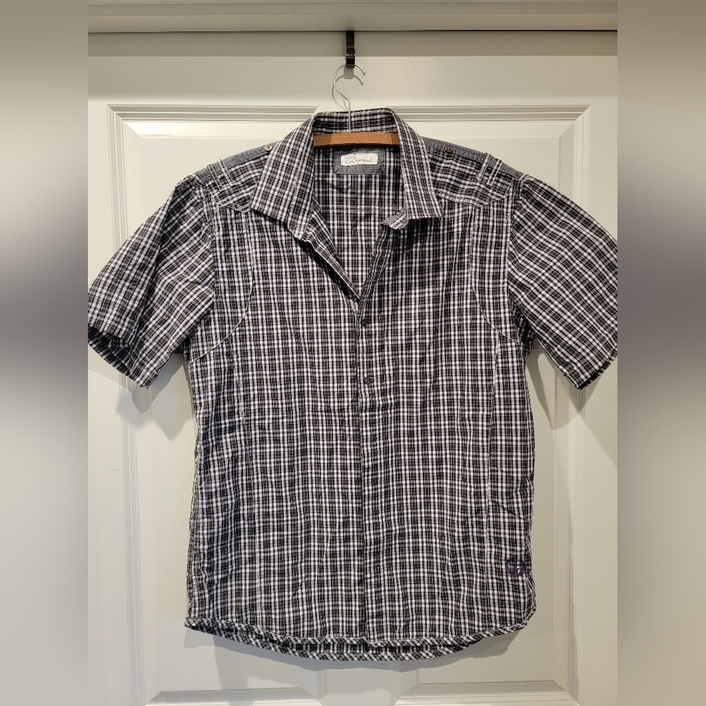 7 Diamond Short Sleeve Button Up Mens Shirt Gray Plaid XL